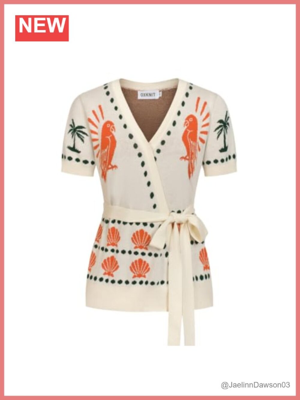 Retro Knit Jacquard Cardigan Bird Pattern Short Sleeve Ribbon Waist Cotton